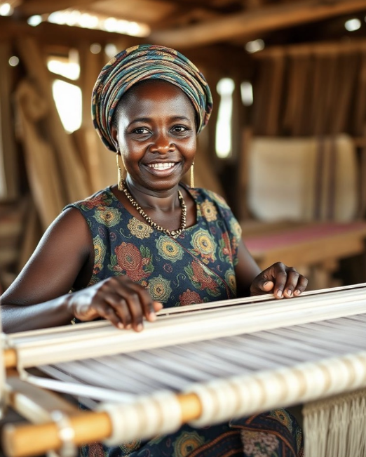 African artisan weaving at loom