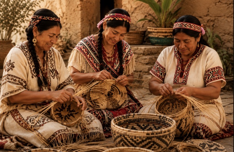 Hispanic artisans weaving baskets
